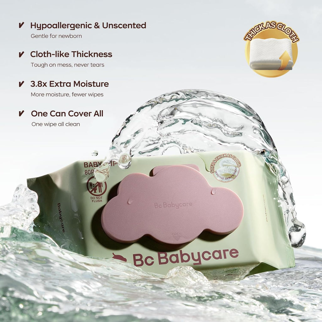 Bc Babycare Cloud Moist Baby Wipes, Thick & XL, 99% Water, Ultra-Hydrating, Unscented, Hypoallergenic for Sensitive Skin, Biodegradable, 12 Flip-Top, 960 Count
