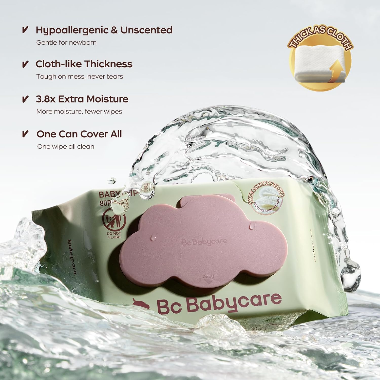 Bc Babycare Cloud Moist Baby Wipes, Thick & XL, 99% Water, Ultra-Hydrating, Unscented, Hypoallergenic for Sensitive Skin, Biodegradable, 12 Flip-Top, 960 Count