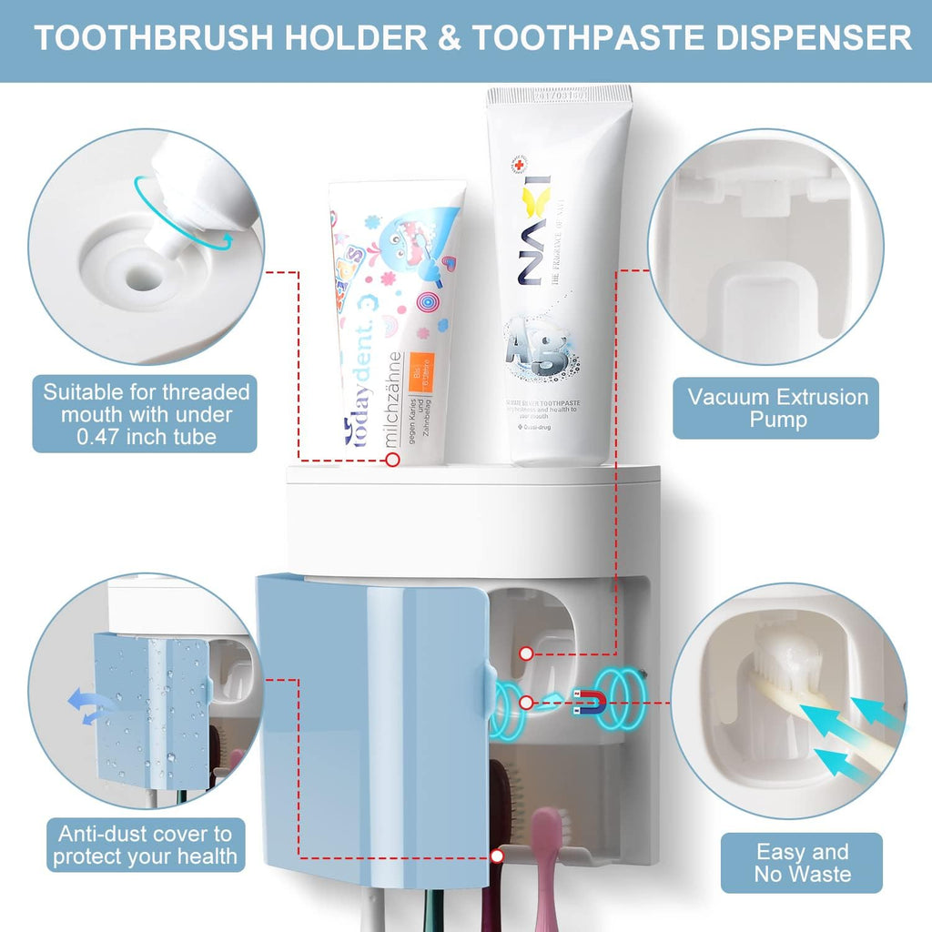 Toothbrush Holder Toothpaste Dispenser Wall Mounted with Cover, 4 Slots Electric Tooth Brush Storage Organizer with 2 Automatic Kids Toothpaste Squeezers for Shower Bathroom Blue, Self Adhesive