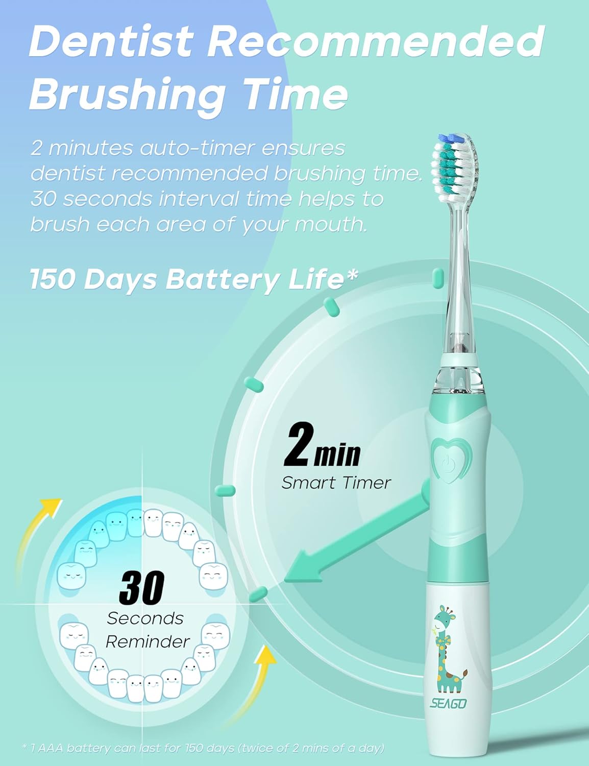 SEAGO Kids Electric Toothbrush with 2 Mins Brushing Timer and 4 Replacement Bursh Heads, Rainbow LED Light Make Brushing Fun, Green Color Boys Battery Powerd Toothbrush for 4-12 Years Old，SG-977