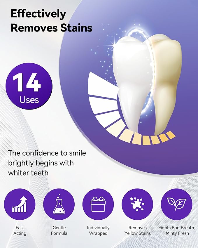 Teeth Whitening Strips 14 Treatments, Enamel Safe for Sensitive Tooth, Whitens Teeth, Purple Whitening Strips, Removes Yellow Stains & Bad Breath - Effective Color Correction for a Brighter Smile