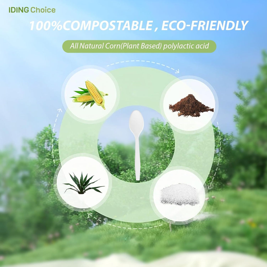 100% Compostable 200 Count No Plastic Spoons, Plastic Utensils, The Heavyweight Heavy Duty Flatware is Eco-Friendly Products for Lounge Party Wedding Office BBQ Picnic Camping.