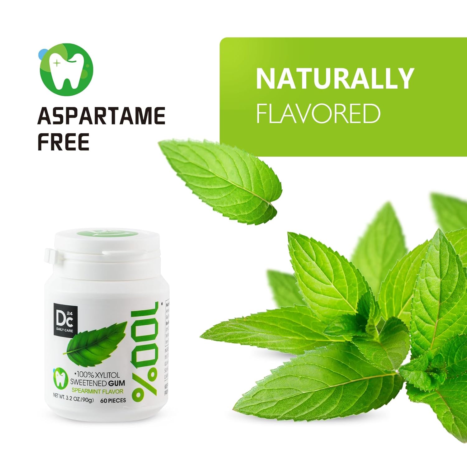 DC24 DAILY CARE 100% Xylitol Gum, No Aspartame, Sugar Free Chewing Gum, Natural Spearmint Flavor, Gluten Free, Vegan, 60 Pieces, Pack of 1