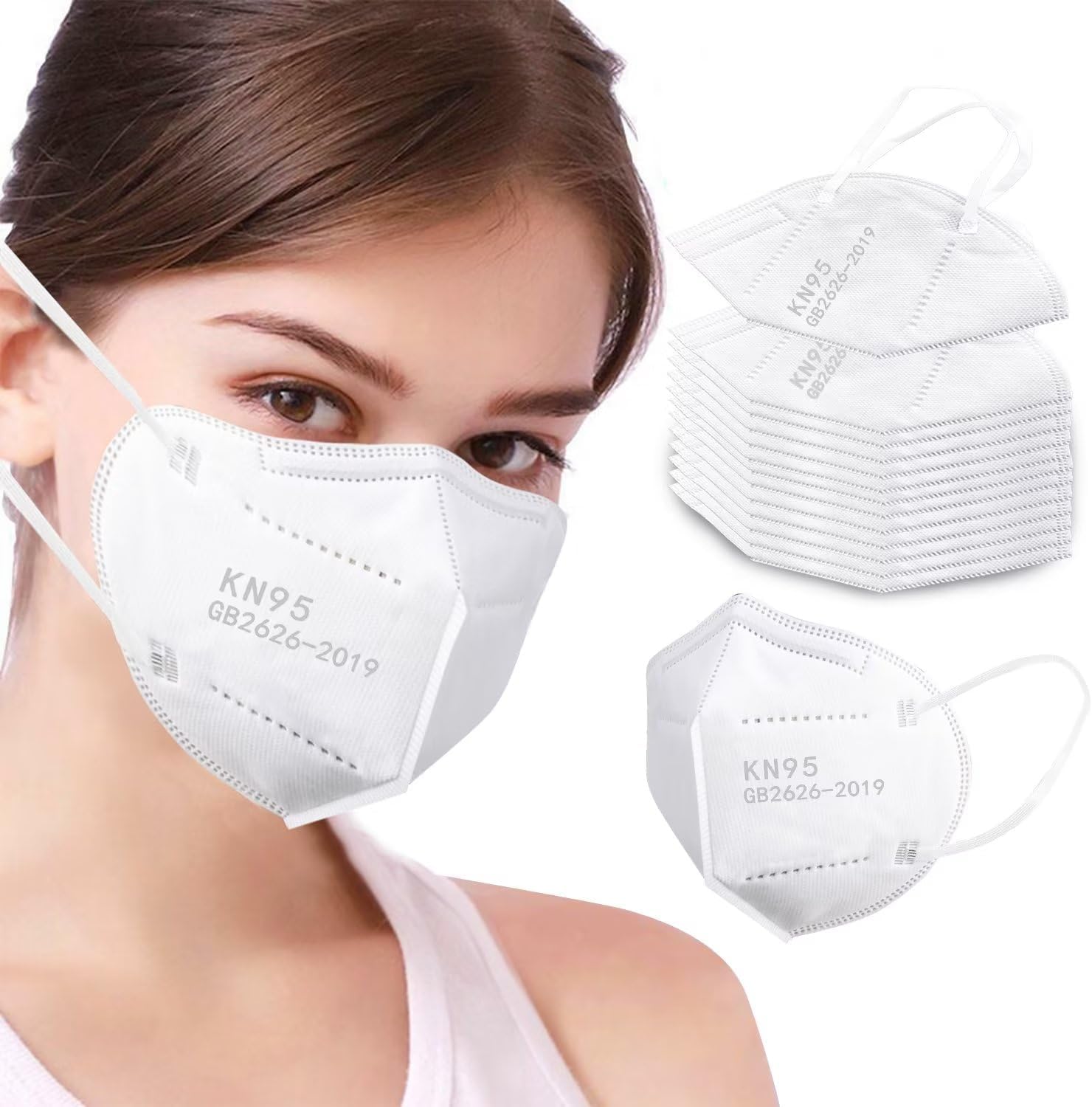 100PCS KN95 Face Masks 5 Layer Filter Efficiency≥95% with Elastic Ear Loop and Nose Bridge Clip Breathable Mask White