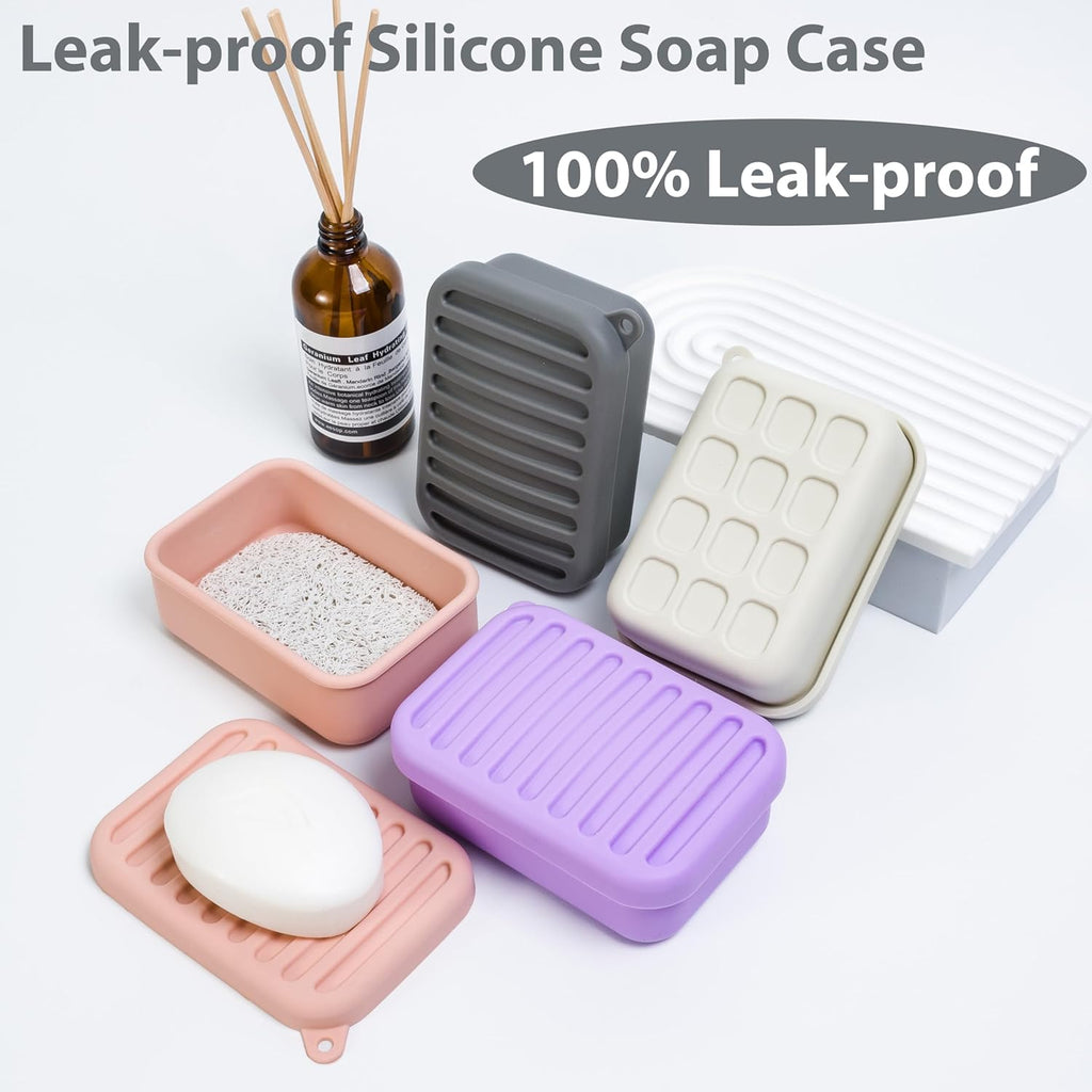 2PC Portable Leakproof Travel Soap Case, Silicone Travel Soap Case, Compact Soap Holder with Drainage Layer, Travel Soap Holder for Camping, Gym, Outdoor (Light-Purple&Rice-White)