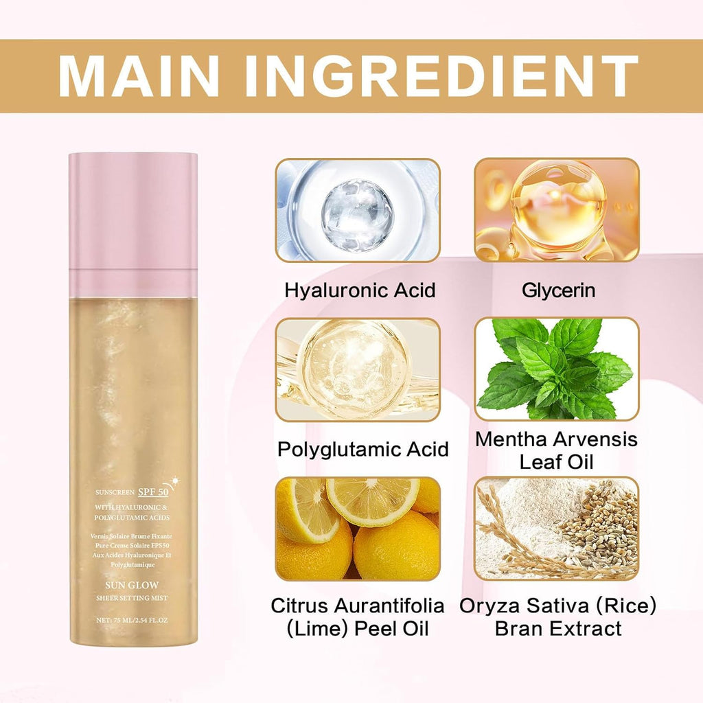 Sheer Setting Mist Sunscreen SPF 50 for Face & Body, Broad Spectrum Shimmering Body Oil Mist, Hydrating Makeup Friendly Glow Spray, Non-Greasy, Fast-Absorbing, Waterproof Long Lasting