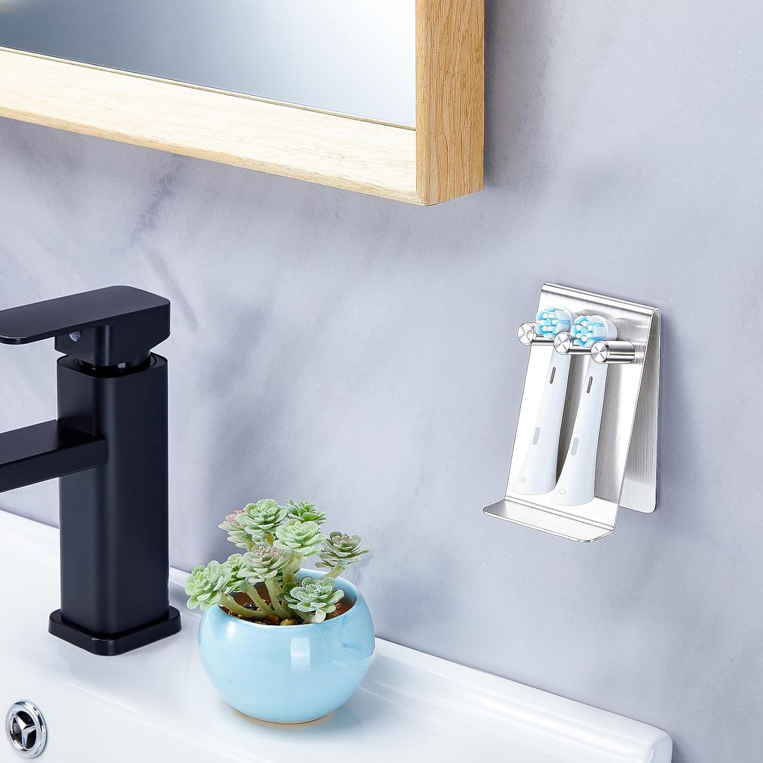 Electric Toothbrush Head Holder, Self Adhesive or Desktop Tooth Brushing Holder, Wall Mounted Toothbrush Holders Shower Bathroom, Tooth Brush Holder Organiser (Silver, Small)