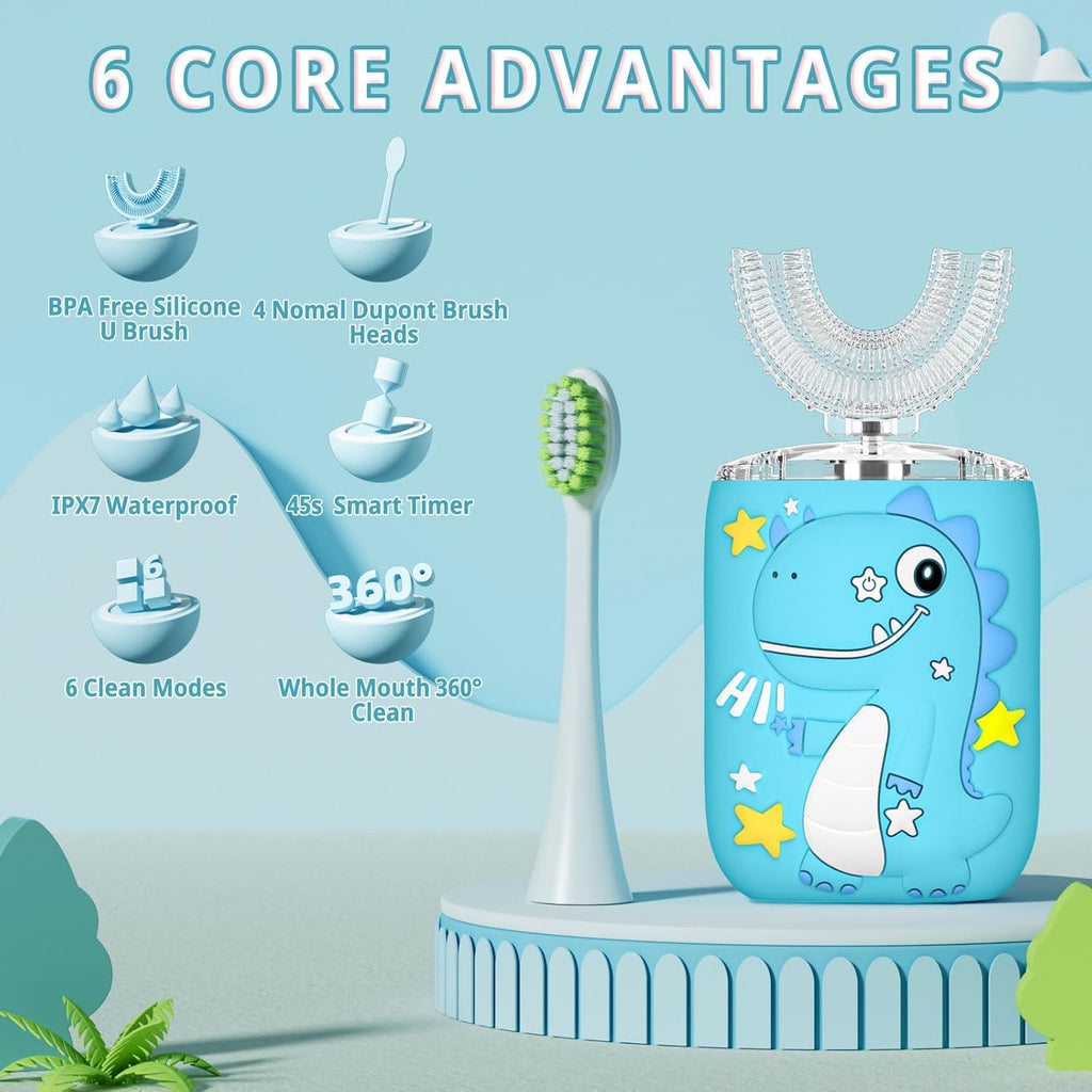 Kids Electric U Shaped Toothbrush,Kids Dinosaur Sonic Full Mouth Toothbrush with 4 Soft Brush Head Automatic 6 Cleaning Modes IPX7 Waterproof 360 Degree Cleaning - Age8-15 Watermelon Blue