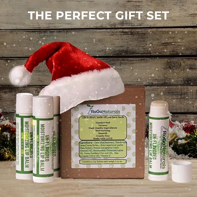 RaGaNaturals Natural Unscented Lip Balm - Original Beeswax, Shea Butter, Jojoba Oil, Vitamin E - 4 Pack Unflavored Chapstick for Dry & Cracked Lips - Christmas Stocking Stuffers - Handmade in USA