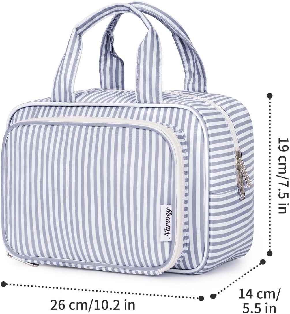 Narwey Large Travel Toiletry Bag for Traveling Women, Cosmetic Makeup Bag Make Up Organizer, Striped Travel Bag for Toiletries with Handle (Greyish Blue Stripe)