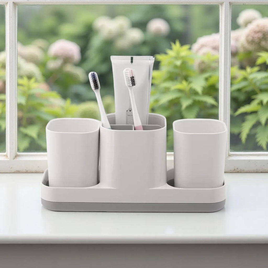 Toothbrush Holder for Bathroom, Electric Toothbrush Holder with Cups, Kids Bathroom Accessories Set with Toothpaste Holder, White