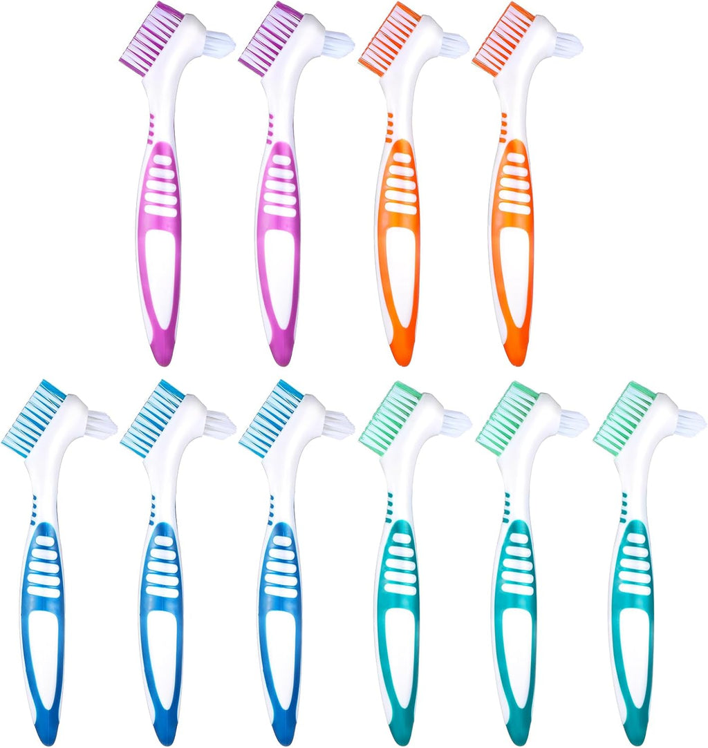 10 Pcs Denture Brush for False Teeth Denture Care Cleaning Brush Double Sided Toothbrush Portable Soft Multi-Layered Bristles Cleaner Brushes Ergonomic Rubber Handle