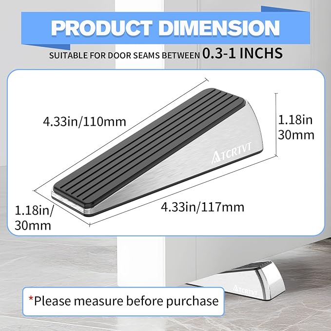 Heavy Duty Door Stopper Wedge 2 Pack Small Size Door Stop Wedge Made of Premium Quality Brushed Stainless Steel Suits Any Door, Any Floor with Self-Adhesive Holder Matt Chrome Small