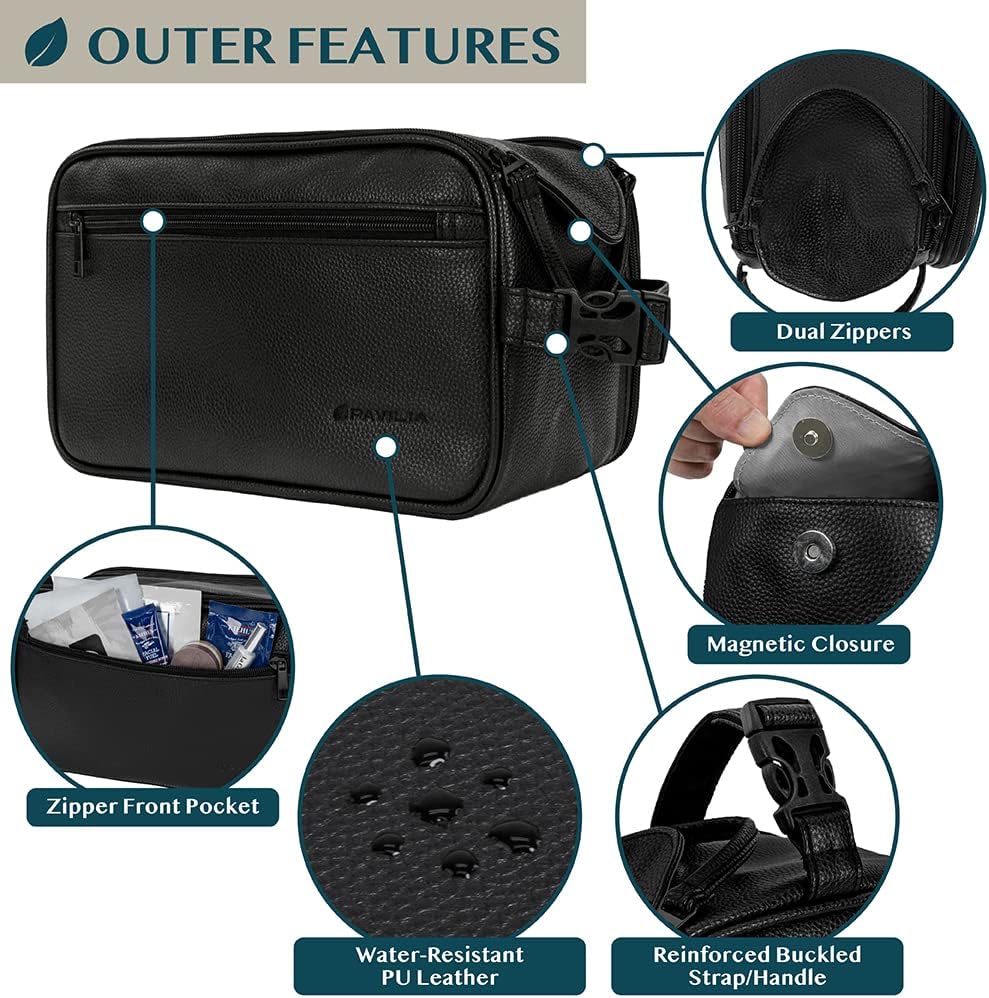 PAVILIA Toiletry Bag for Men, Travel Essentials Shaving Dopp Kit, Mens Travel Bag Toiletries Organizer Case for Grooming, PU Leather Water Resistant Cosmetic Bag Pouch (XL, Black)