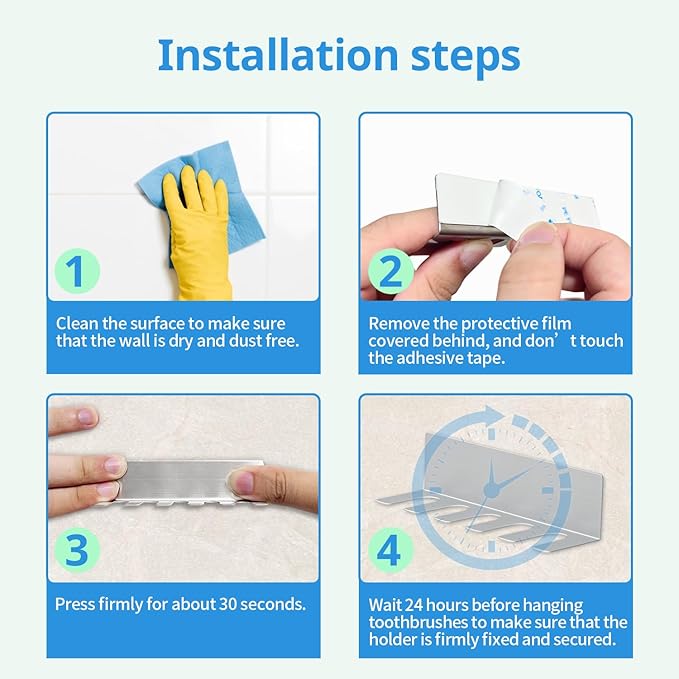 Wall Mounted Toothbrush Holder, Stainless Steel Toothbrush Holder with Self-Adhesive No Drilling Toothbrush Organizer, Bathroom Mounted Holder for Toothbrush Head, Washroom Razor Holder