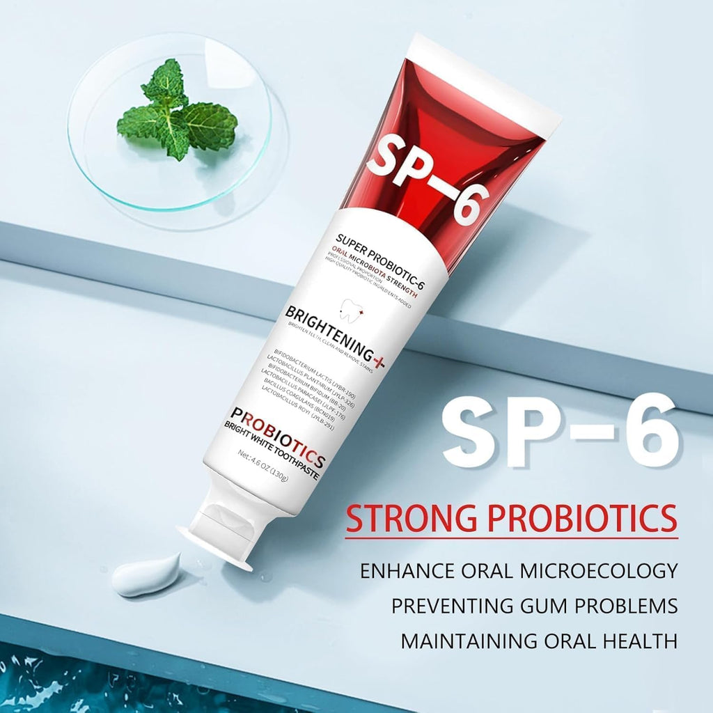 SP-6 Probiotic Whitening Toothpaste, Enhanced Formula with 6 Probiotics for Teeth Whitening and Gum Health, Enamel-Safe, Fluoride-Free, Fresh Mint Flavor, 4.6oz (2)