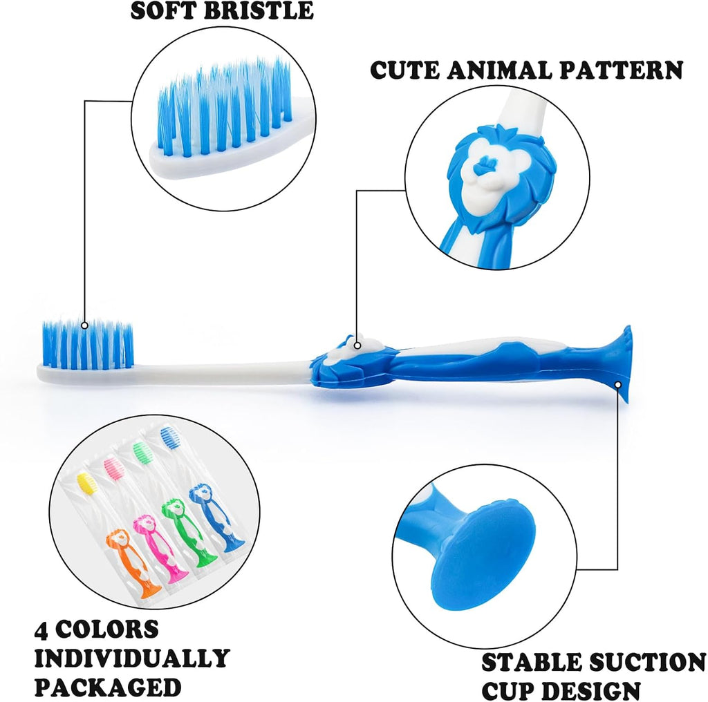 Disposable Toddler Toothbrushes - Pack of 120, Manual Suction Cup Bulk Kids Toothbrushes Individually Wrapped Animal Toothbrush for Home, School, Camp, Daycare, Travel