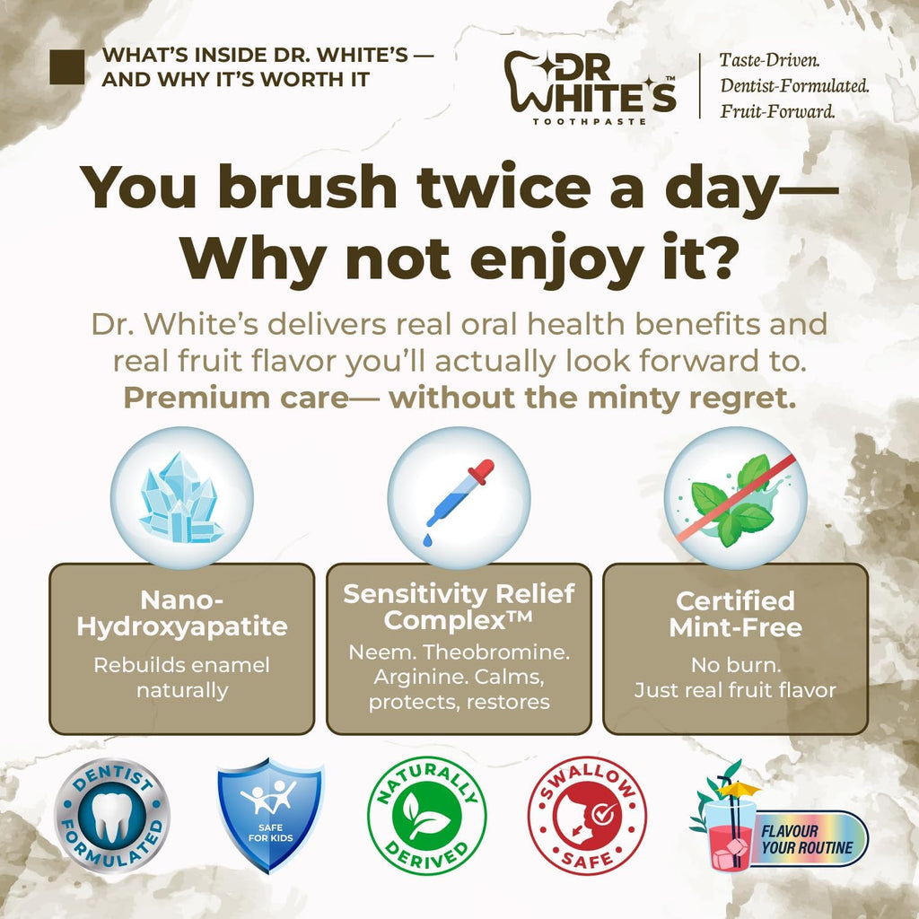 Dr. White’s Fluoride-Free nHA Toothpaste; Dentist-Formulated, Nano Hydroxyapatite + Xylitol, Sensitivity Relief Complex™, Mint-Free, Enamel Safe, Swallow-Safe (3.5 Oz, Coconut Chill)