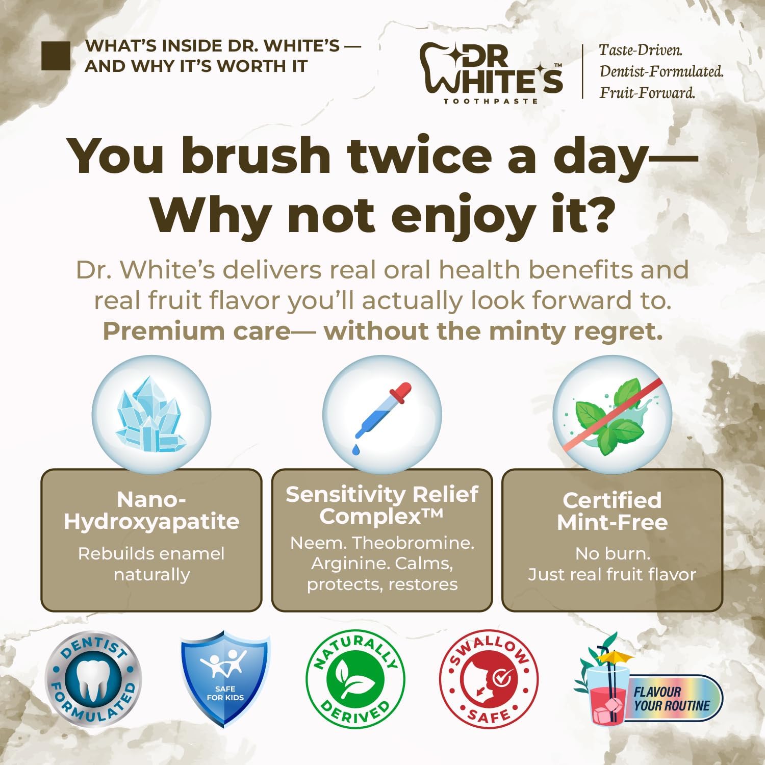 Dr. White’s Fluoride-Free nHA Toothpaste; Dentist-Formulated, Nano Hydroxyapatite + Xylitol, Sensitivity Relief Complex™, Mint-Free, Enamel Safe, Swallow-Safe (3.5 Oz, Coconut Chill)