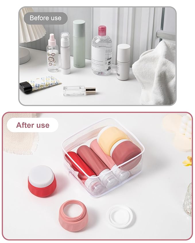 Travel Size Toiletries 8 Pack, TSA Approved 3oz Silicone Squeeze Bottles & Cream Jars with Clear Travel Bag