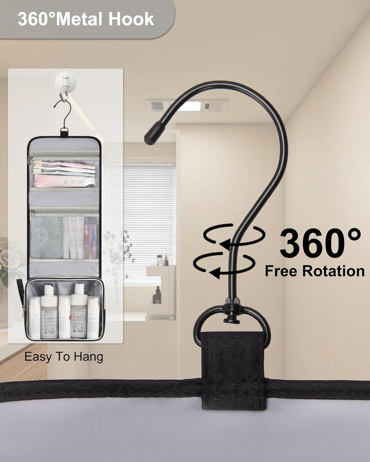 Small Hanging Toiletry Bag for Men and Women, Portable Hanging Organizer for Travel-Sized Shower Dopp Kit, Makeup Accessories, Waterproof Toiletries Organizer with 3 Compartments for Outdoor - Black