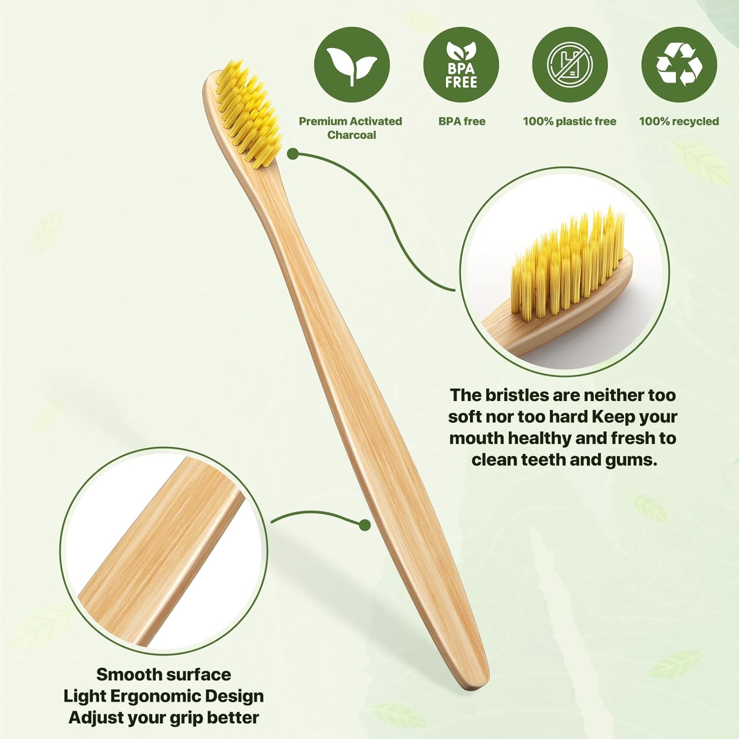 10 Pack Beige Bamboo Toothbrushes | Biodegradable & Compostable Eco-Friendly Natural Bamboo Charcoal Toothbrushes | BPA Free Soft Bristles Wooden Toothbrush - 100% Recycled Packaging