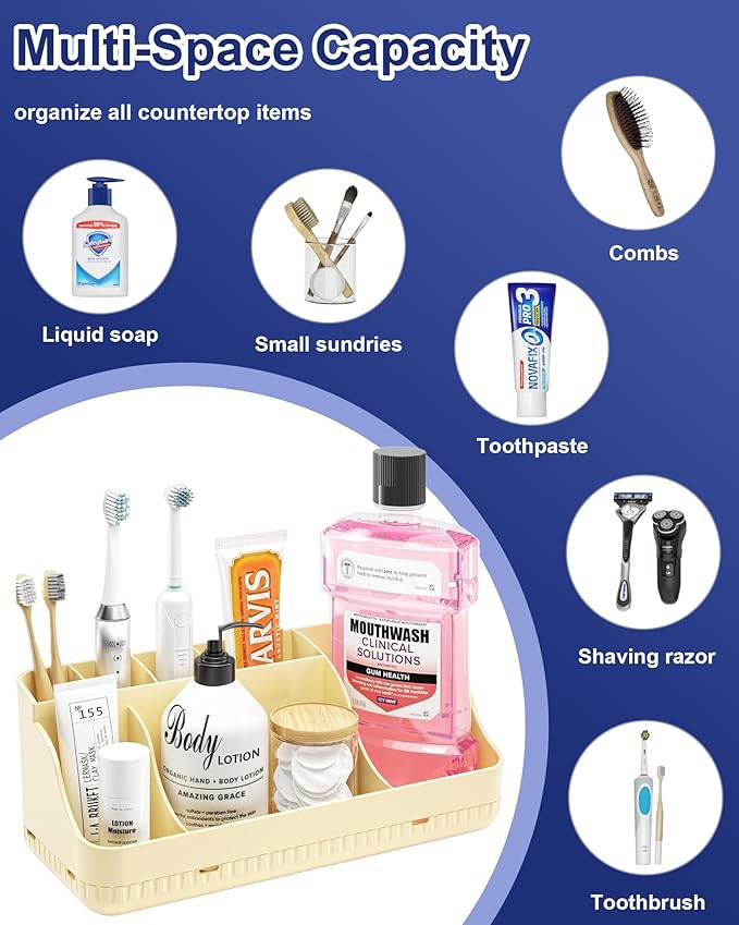 Bathroom Counter Organizer and Storage, 7 Slots Detachable Toothbrush Holders for Bathrooms, Anti-Slip Electric Toothbrush and Toothpaste Holder Countertop Vanity Organizer Accessories for Adults Kids