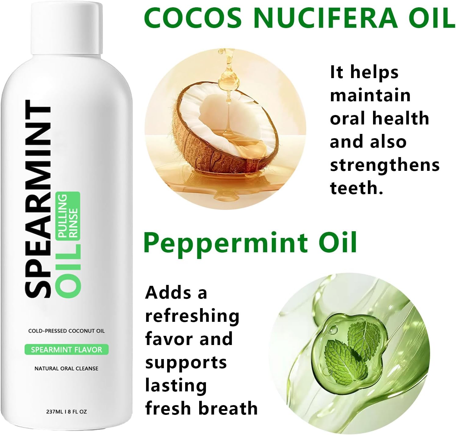 Spearmint Oil Pulling Rinse - Cold-Pressed Coconut Oil mouthwash - Pressed Coconut Mouthwash for Teeth Whitening-for Teeth and Gums, Pure Mouthwash Mint Freshness (1pc)