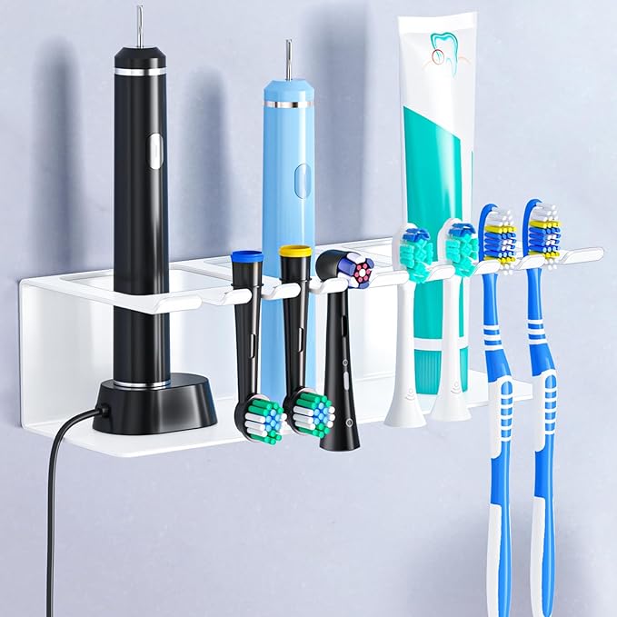 Electric Toothbrush Head Holders, Electric Toothbrush Holders Wall Mounted, Shower Electric Head Holder, Toothbrush and Toothpaste Holder, Adhesive Tooth Brushing Holder for Bathroom (White, Large)