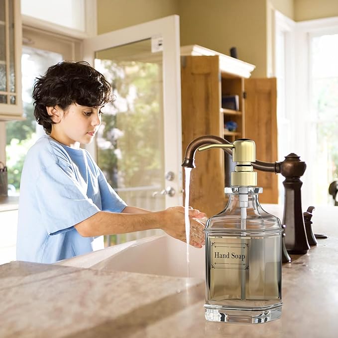 GLADPURE Soap Dispenser - 2 Pack, 18 Oz Antique Design Thick Glass Hand Soap Dispensers; with 304 Rust Proof Stainless Steel Pump, 6Pcs Clear Stickers, for Kitchen, Bathroom - Gold