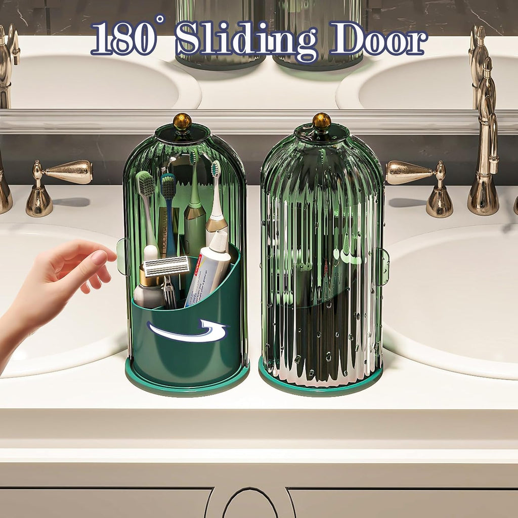 Dustproof Toothbrush Holders with Cover, Rotating Electric Toothbrush and Toothpaste Holder for Bathroom Countertop, 3 Slots Makeup Brushes Organizer, All Green