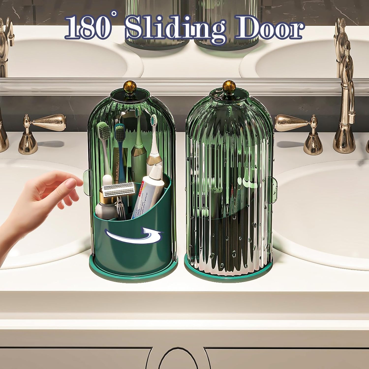 Dustproof Toothbrush Holders with Cover, Rotating Electric Toothbrush and Toothpaste Holder for Bathroom Countertop, 3 Slots Makeup Brushes Organizer, All Green