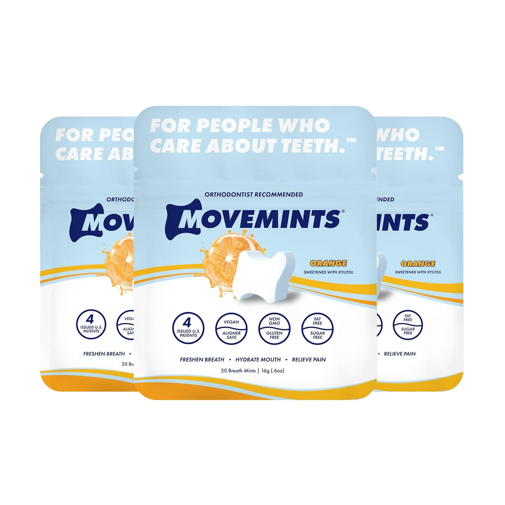 Movemints Clear Aligner Mints - Patented, Edible Alternative to Chewies - Freshen Breath and Improve Dry Mouth with Xylitol - Orange (3 Pack)