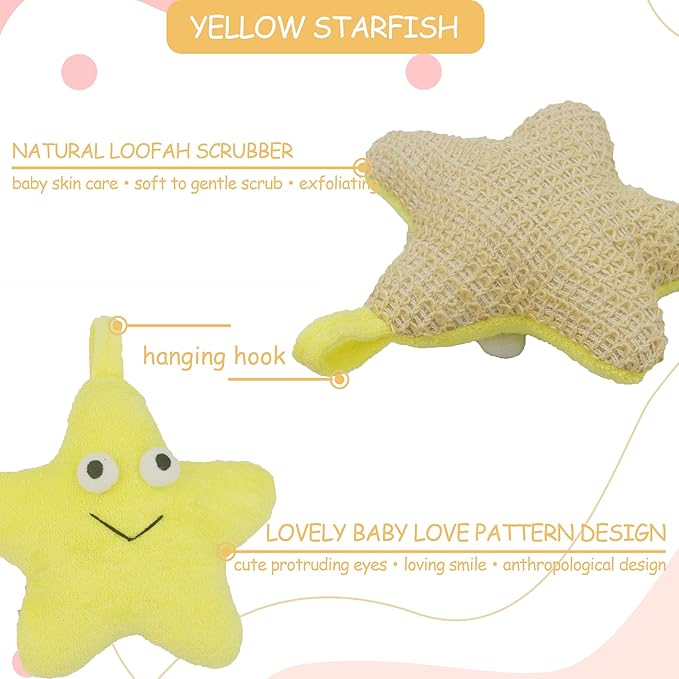 (2 Pack) Animal Body Scrubber Natural Linen Shower Ball for Toddler Kids Gentle Exfoliating Bath Sponge Loofah Pouf in Yellow Starfish Red Crab with Cute Big Eyes Design