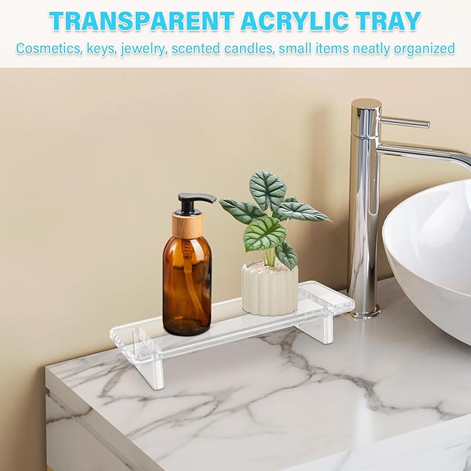 2Pack Acrylic Counter Tray Organizer. Multi-Purpose Kitchen & Bathroom Sink Tray Decor for Soap, Perfume, Vanity, Candles, Plants - Countertop Holder, Space-Saving Modern Home Décor （Small ）