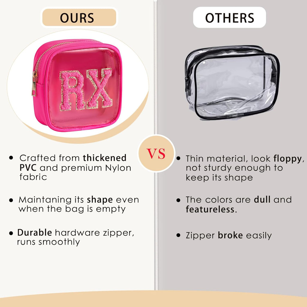 Small Chenille Letter Clear Medicine Makeup Bags,Nylon PVC Waterproof Rx Pouch with Metal Zipper, Cute Drug First Aid Travel Organizer for Women Girls(02Hot Pink)