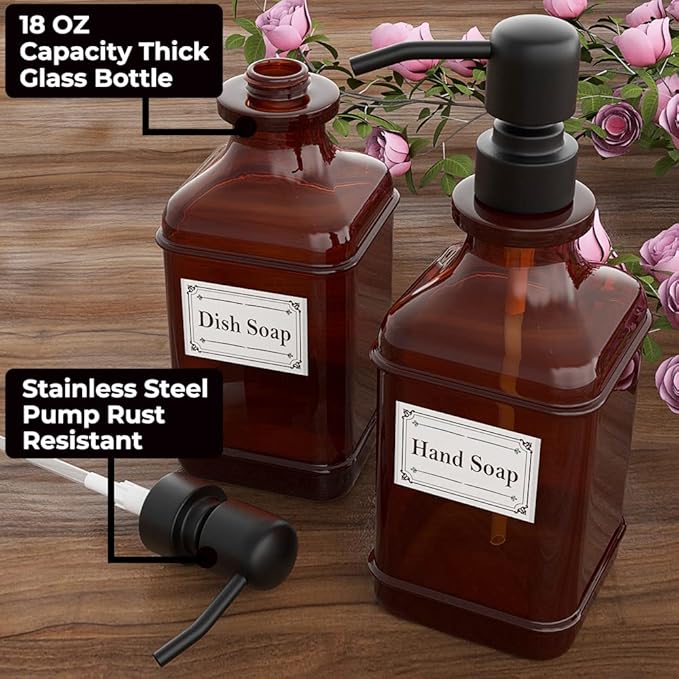 GLADPURE Soap Dispenser 2 Pack, Hand Soap Dispensers with 18 Oz Antique Design Thick Amber Glass Bottle, 316 Rust Proof Stainless Steel Black Pump, 6Pcs Stickers, for Lotion, Soap, Essential Oil