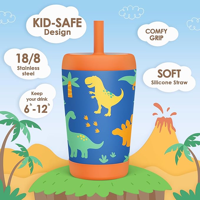 Kid Insulated Stainless Steel Tumbler with Silicone Straw, 12oz Sippy Cup for Kids (Dinosaurs)