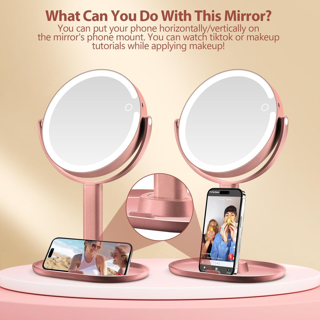 MIYADIVA Makeup Mirror with Lights,20X Magnifying Mirror with Light and Touch Switch, 2-Sided Vanity Mirror with 3 Colors and 80 LEDs, Metallic Rose Gold