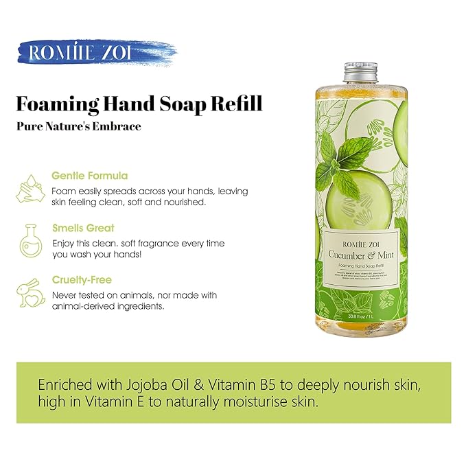 ROMIIE ZOI Foaming Hand Soap Refill, Cucumber&Mint, Gentle & Moisturizing Formula, 1000 ML/ 33.8 FL OZ