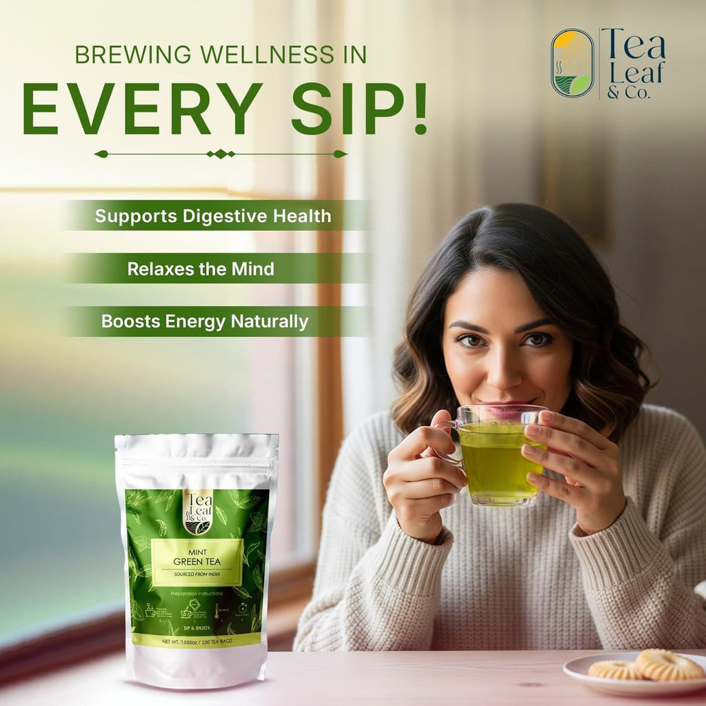 Tealeaf & Co. Mint Green Tea Bags Blended with Fresh Herbs - Spearmint & Peppermint Tea - Contains Low Caffeine - Gluten Free - 100 Teabags (7.055oz/200gm)