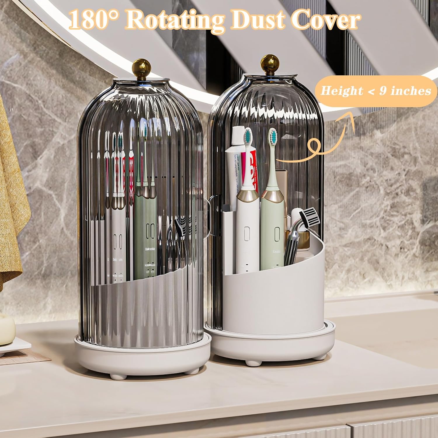 Toothbrush Holders with Cover, Drainage Rotating Electric Toothbrush Organizer, 3 Slots Tooth Brush Holder for Bathroom Counter, Grey White