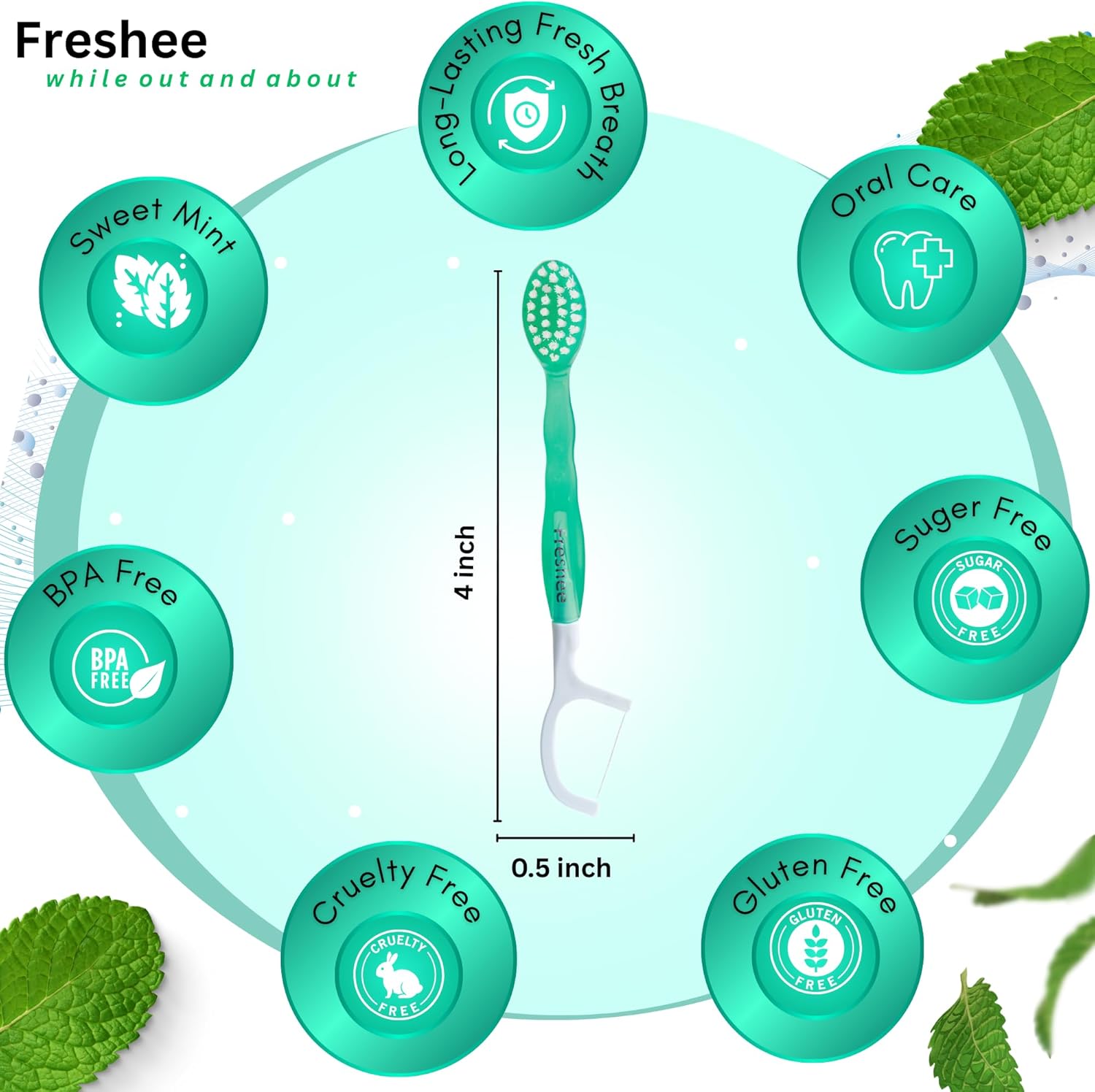 Freshee Paste - 5 in 1 Disposable Mini Toothbrush with Soft Bristles & Toothpaste + Floss + Pick + Tongue Scraper | Travel Size | Individually Wrapped | Soft | Mint | Travel Set |Oral Care