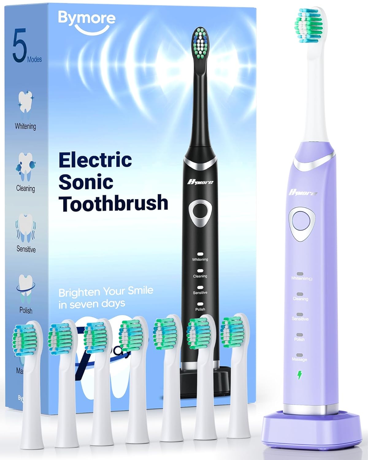 Bymore Electric Toothbrush for Adults,Travel Sonic Toothbrush with 8 Replacement Heads, Ultra Clean RechargeableToothbrush Portable One Charge for 330days 5 Modes 2mins Timer-Purple