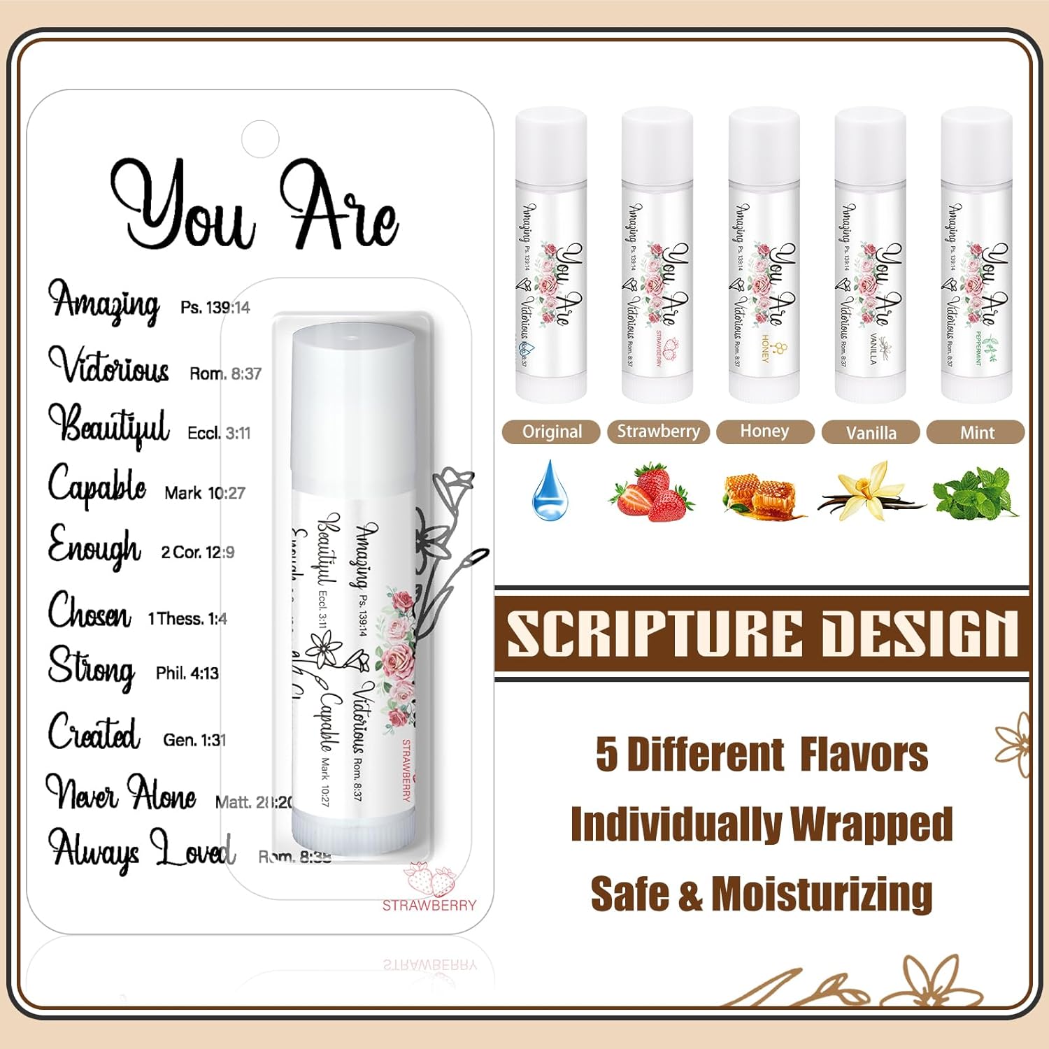 50 Pack Christian Religious Gifts Bulk Bible Verse Lip Balms 5 Flavor for Women Men Christian Religious Church Party Favors with Scripture Inspirational Gifts for Coworkers Staff (Classic)