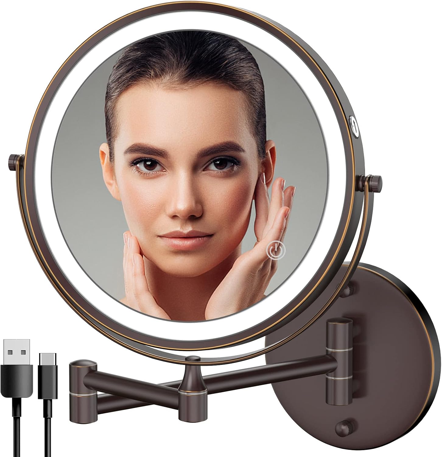Rocollos Rechargeable Wall Mounted Lighted Makeup Mirror, 8 Inch Double-Sided LED Vanity Mirror 1X/10X Magnification,3 Color Lights Touch Screen Dimmable 360°Swivel 13 Inch Extendable