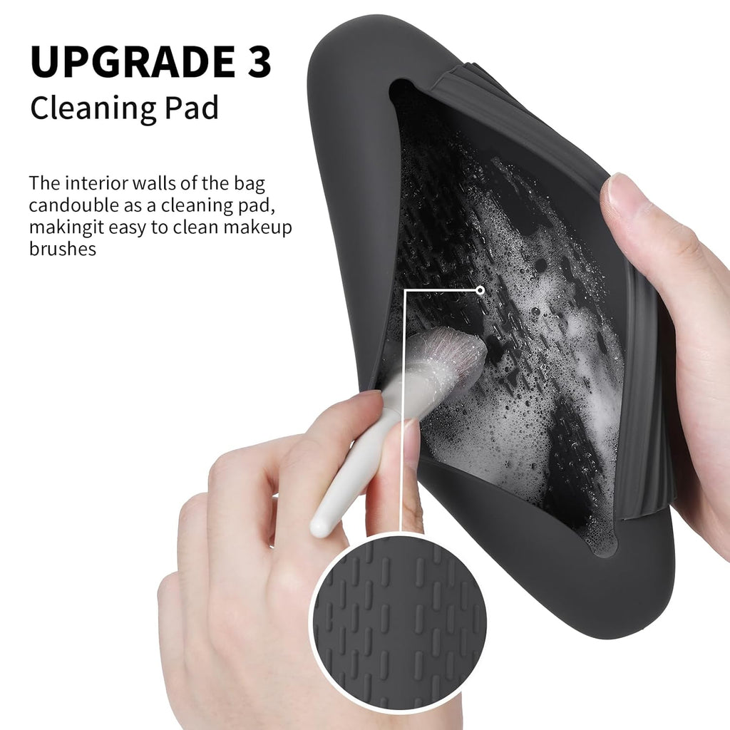 Silicone Makeup Brush Holder Travel Cosmetic Bag：Soft Portable Cosmetic Face Brushes Holder with Upgrade Anti-Fall Out Magnetic Closure, Large Travel Makeup Brush Case - Grey