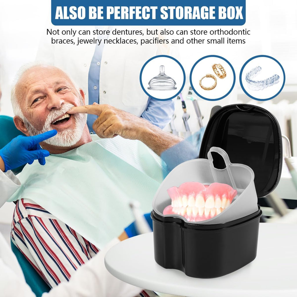 2 Pack Colors Denture Bath Case Cup Box Holder Storage Soak Container with Strainer Basket for Travel Cleaning (Light Blue and Black)