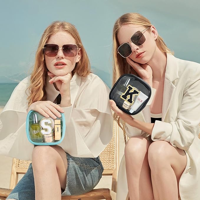 YOOLIFE Initial Makeup Bag Travel Toiletry Bag, Clear Makeup Bag Car Accessories For Women Clear Makeup Bags With Zipper Girlfriend Teacher 13 Year Old Girl Gifts Daughter Girl Gifts Mini Black F