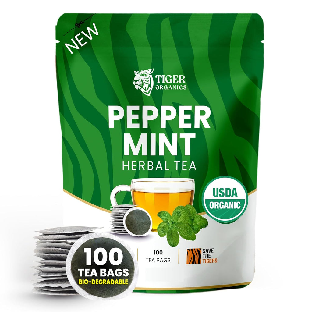 Tiger Organics, Peppermint Herbal Tea (100 Biodegradable Teabags) Supports Healthy Digestion & Promotes Relaxation | Your All-time Caffeine-free Infusion | USDA Organic Certified | Thanks Giving